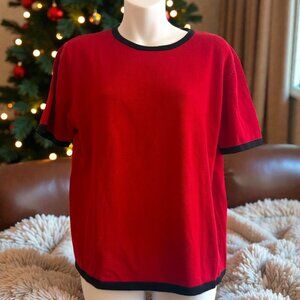 Vintage Yarnworks Red Knit Short Sleeve Sweater Top | Contrast Trim | Size M
